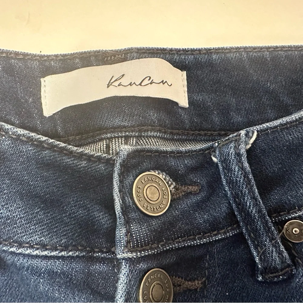 Kancan Rainn Ultra High Rise Flare Jeans Button Fly Raw Hem Size 7/27 Dark‎ Wash